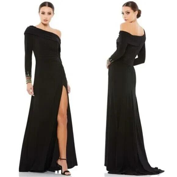 NWT MAC DUGGAL 12231 Beaded Cuff Drop Shoulder Long Sleeve Gown Dress Black‎ - Picture 2 of 6
